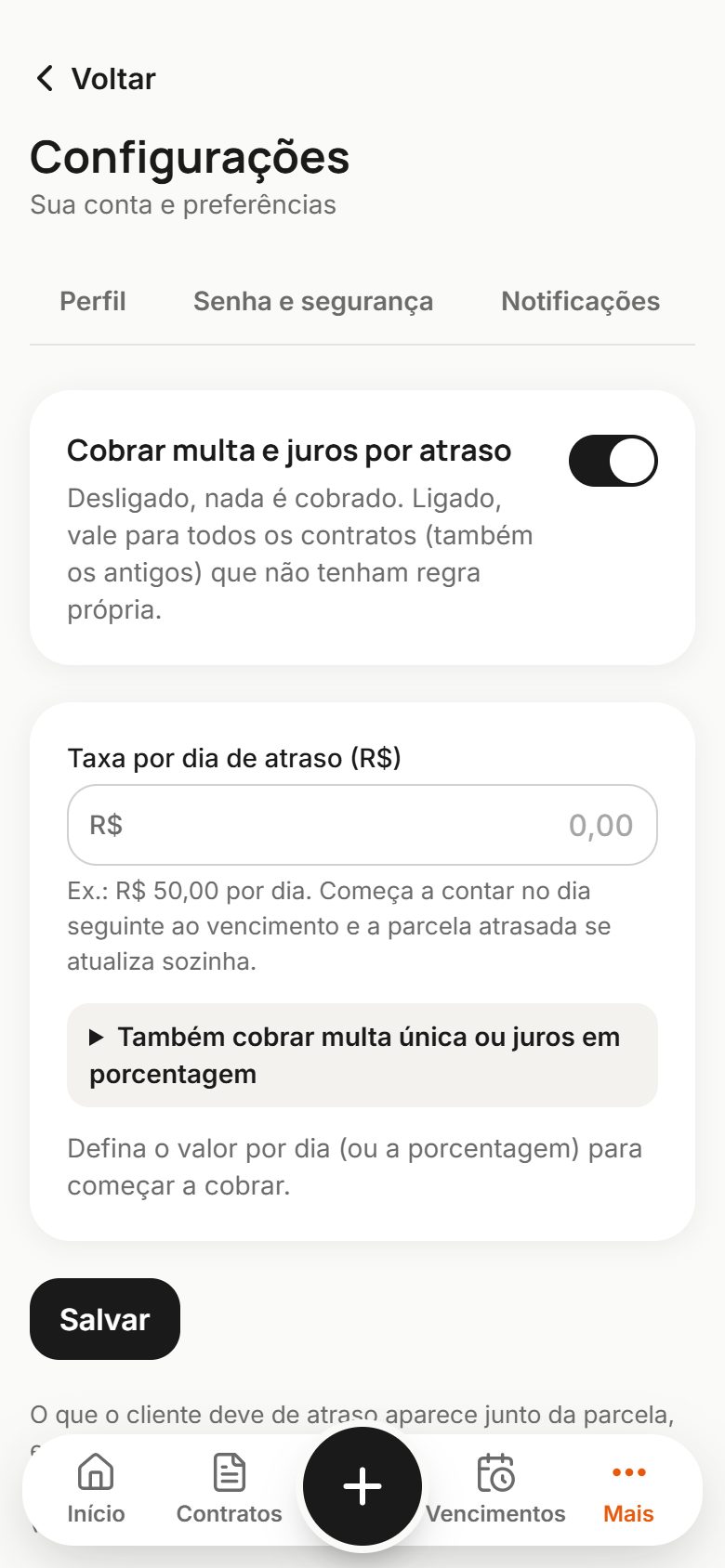 Multa e juros por atraso nas configurações