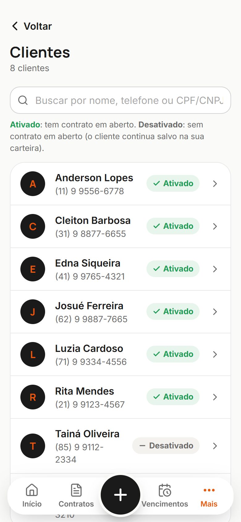 Lista de clientes ativados e desativados