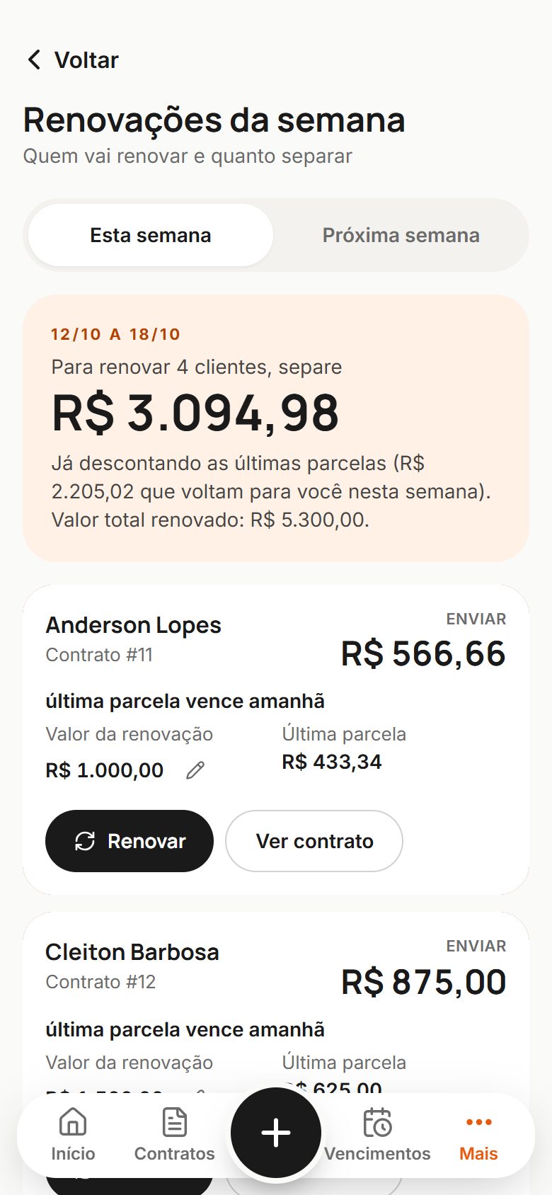 Renovações da semana com o valor a separar