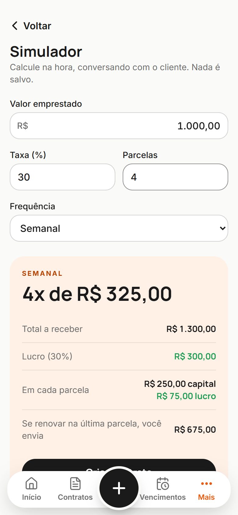 Simulador com empréstimo de R$ 1.000 em 4 parcelas