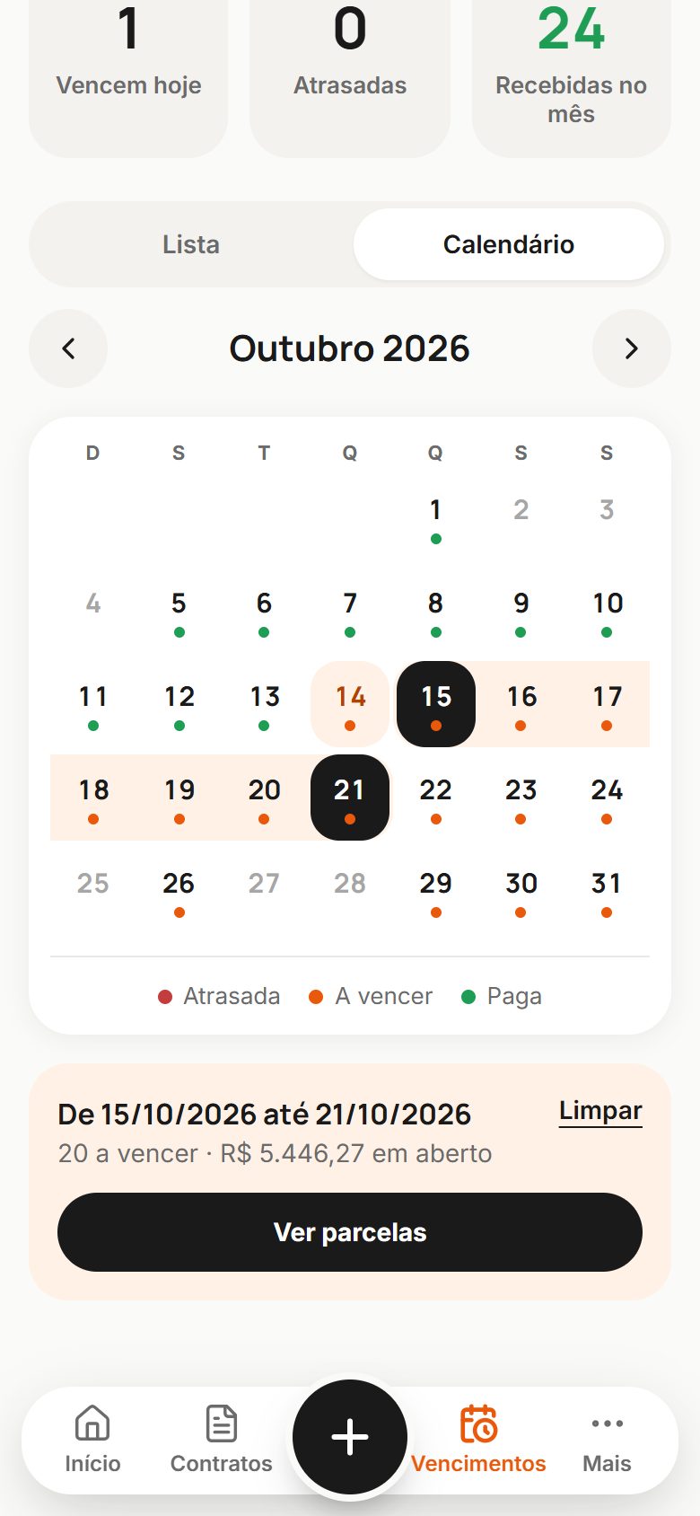 Calendário de vencimentos com a semana marcada
